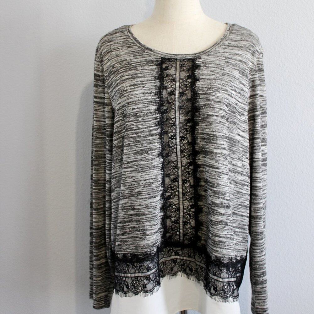 CHRISTOPHER & BANKS Women's Knit Top Long Sleeve Shirt Size XL Sheer, Lace Trim